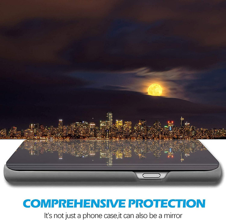 WECOACO for Samsung Galaxy S24 FE Case Clear View Makeup Mirror Flip Cover with Kickstand Shockproof Protective Cases Galaxy S24 FE 5G Shell (Black)