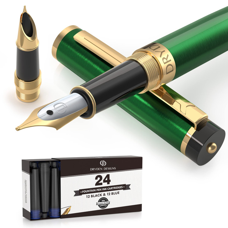 Dryden Designs Fountain Pen - Medium and Fine Nibs Includes 24 Ink Cartridges and Ink Refill