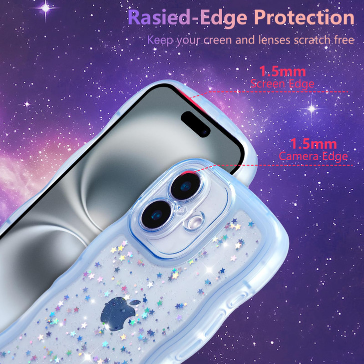 ZTOFERA for iPhone 16 Plus Case 6.7",Cute Curly Wave Case with Star Glitter,Clear Shiny Bling Soft TPU Shockproof Phone Protecive Cover for Women Gir