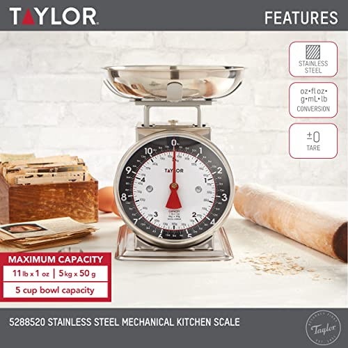 Taylor Mechanical Kitchen Food Scale with Bowl Weighs Up to 11lbs Measures in Grams and Ounces