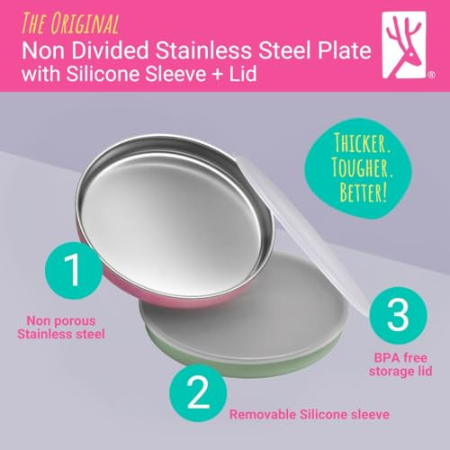Elk and Friends 7.8 Stainless Steel Non Divided Plates with Silicone Sleeve Storage Lid Baby