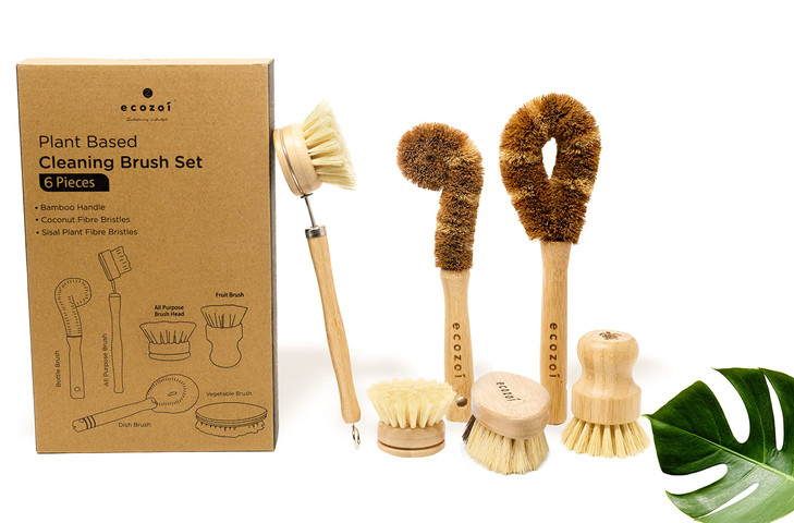 Ecozoi Bamboo Dish Brush Set 6 Piece for Vegetable and Kitchen Dish Cleaning Sisal and Coconut