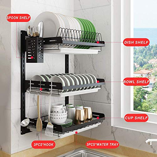 junyuan Hanging Dish Drying Rack Wall Mount Dish Racks Drainer 3 Tier Kitchen Plate Organizer