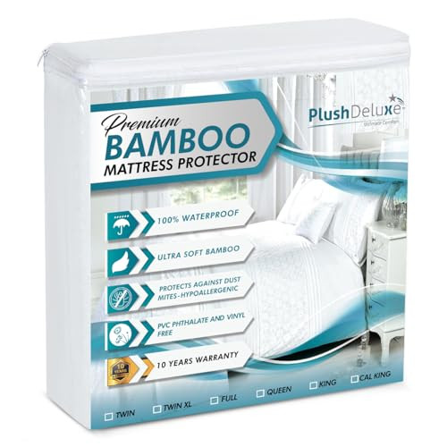 PlushDeluxe Bamboo Waterproof Mattress Protector Queen Size Ultra Soft