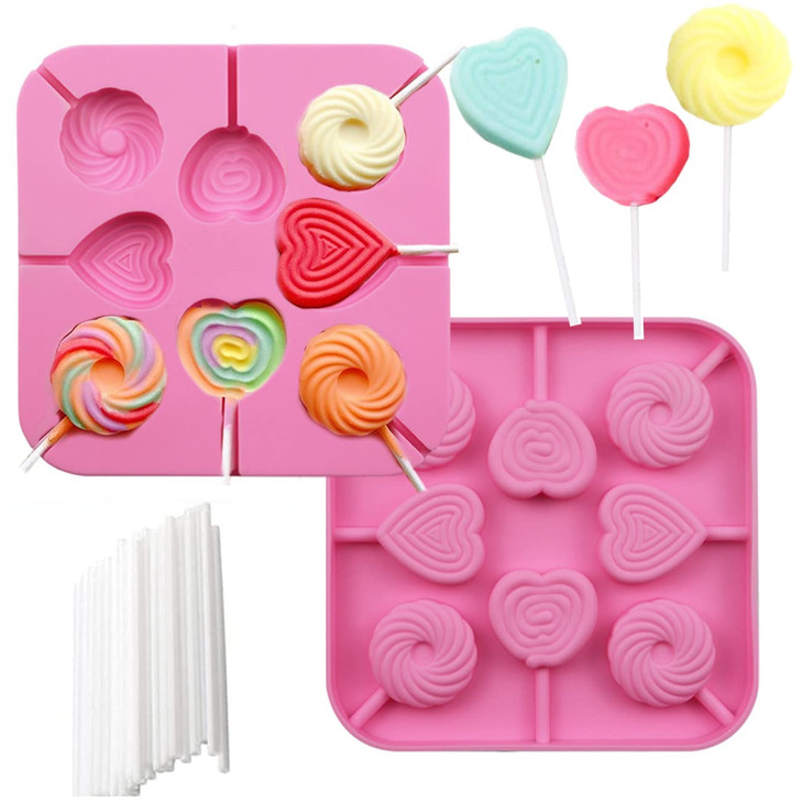 SOESS 2Pcs Love heart Lollipop Candy Molds 8-Cavities Food Grade Heart Silicone Lollipop Molds