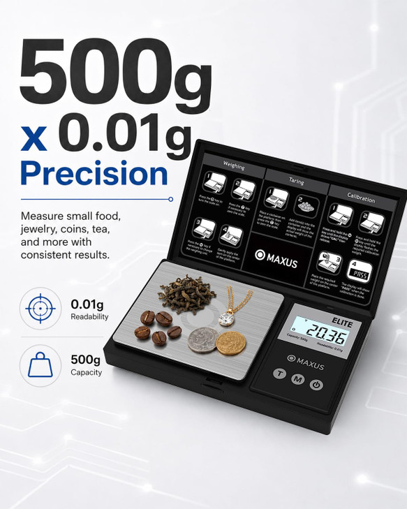 MAXUS Digital Pocket Gram Scale 500g x 0.01g High Precision with Tray