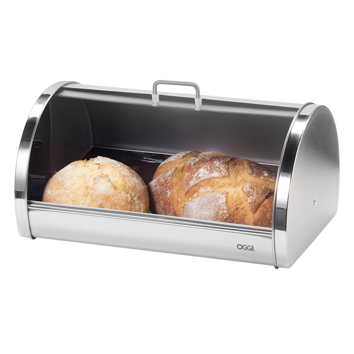 Oggi Stainless Steel Roll Top Bread Box for Kitchen Countertop with Frosted Plexilass Lid - Fits