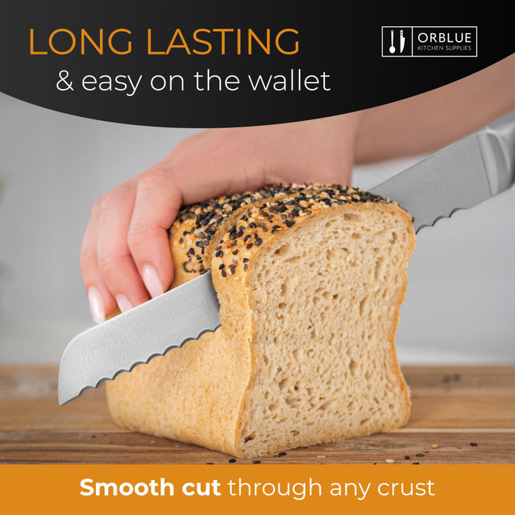Orblue Serrated Bread Knife with Upgraded Stainless Steel Razor Sharp Wavy Edge - Bread Cutter