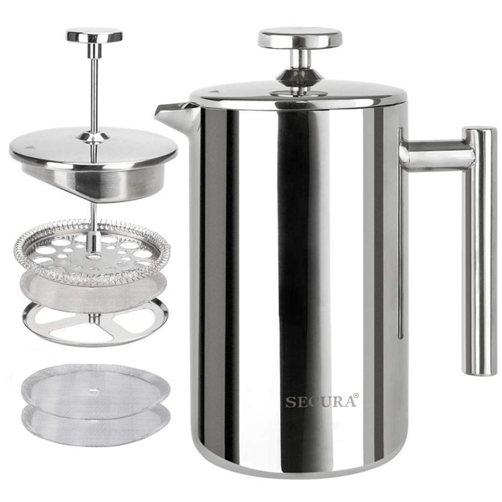 Secura French Press Coffee Maker 304 Grade Stainless Steel Insulated Coffee Press with 2 Extra