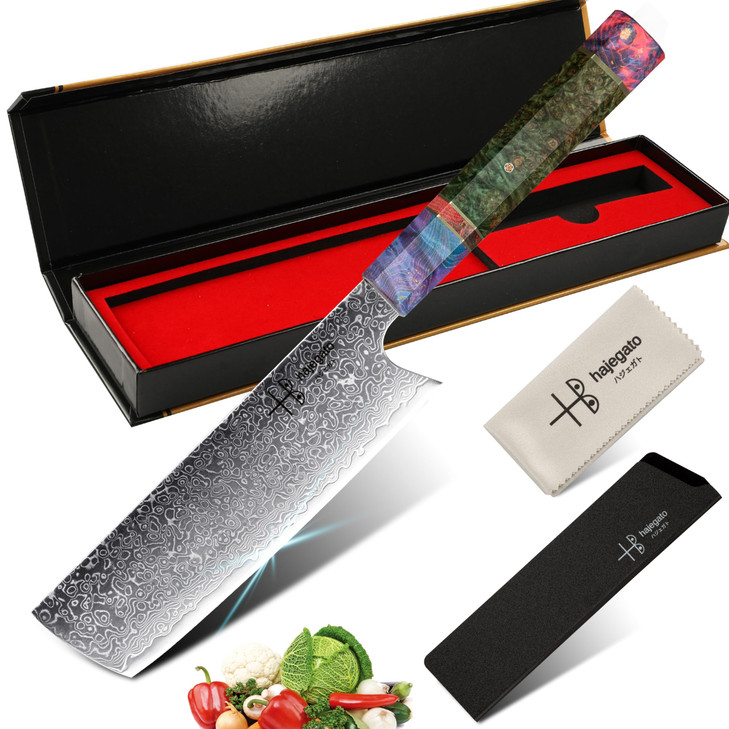 hajegato Damascus Chef Knife Unique One of Kind Handle Professional Japanese Chefs Kitchen Knife