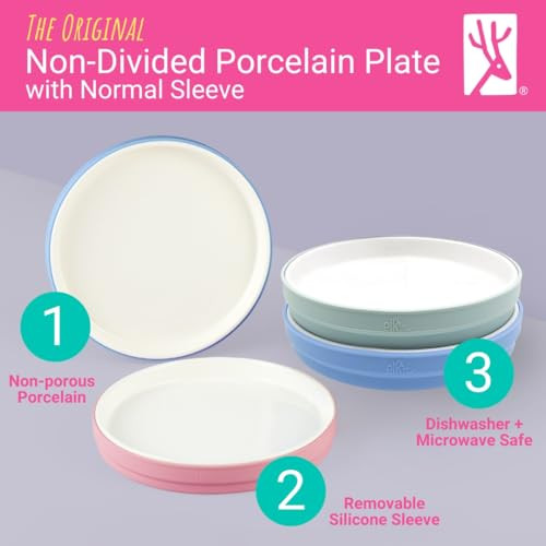 Elk and Friends Kids 7.8 Porcelain White Plates with Silicone Sleeves - EVERYDAY BIG BITES snack