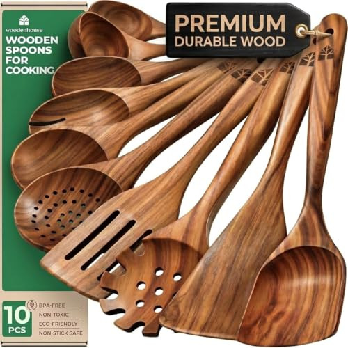 Wooden Spoons for Cooking 10 Pcs Teak Wood Utensil Set for Nonstick