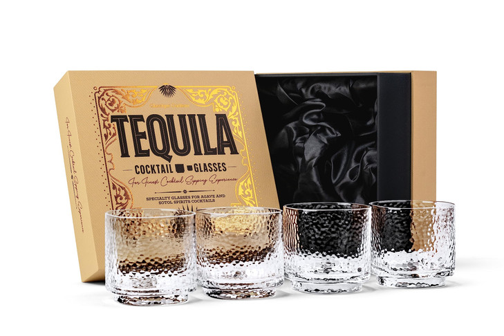 GLASSIQUE CADEAU Tequila Sipping and Cocktail Glasses Set of 4 10 oz Hammered Rocks Glasses