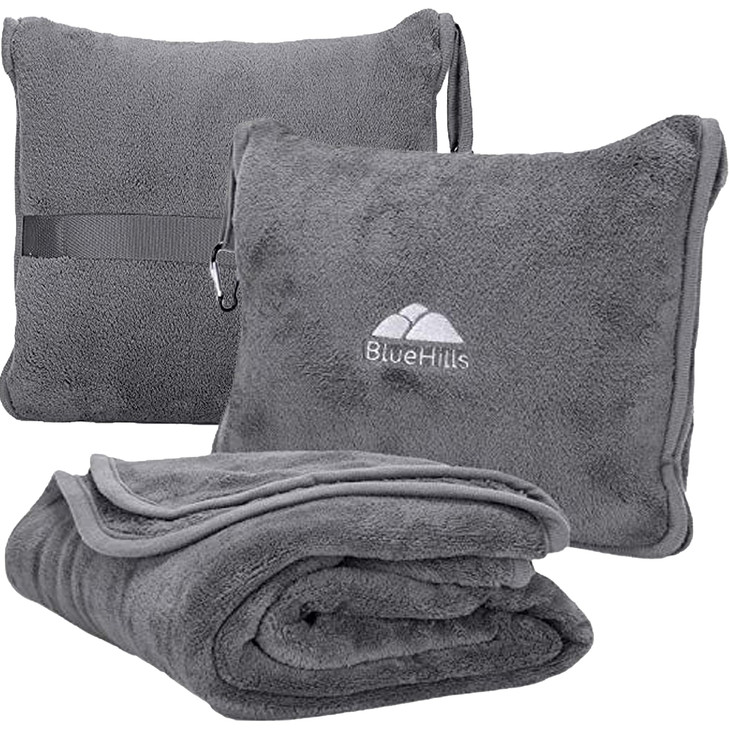 BlueHills Premium Soft Travel Blanket Pillow 2-in-1 Airplane Warm - Gray