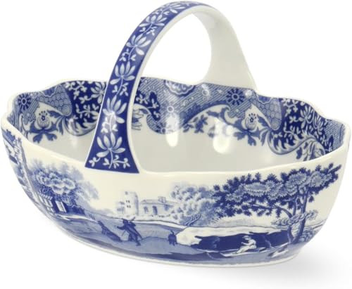Spode Blue Italian Porcelain Handled Basket with Chip-Resistant Glaze - 6 Inch Decorative Serving