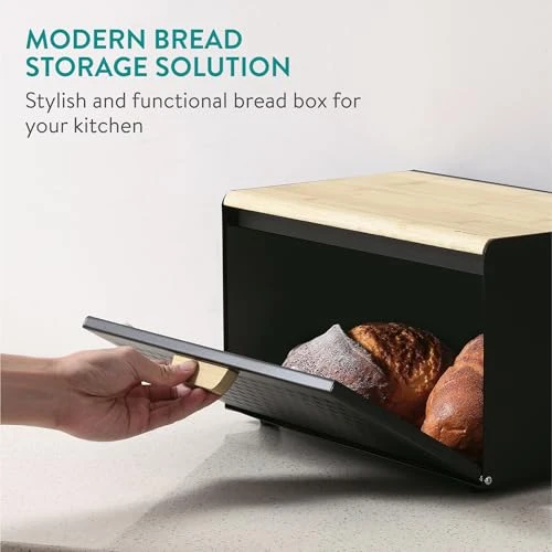 Navaris Bread Box - Metal Bread Bin Storage Tin with Front Opening Drop Down Door for Kitchen