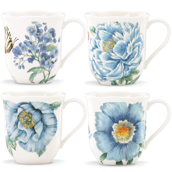 Lenox Butterfly Meadow Blue Porcelain Mug Set for 4 12oz