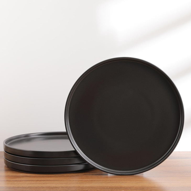 Stone Lain Coupe - Celina Stoneware Round Dinner Plates Set 4-Piece Black Matte