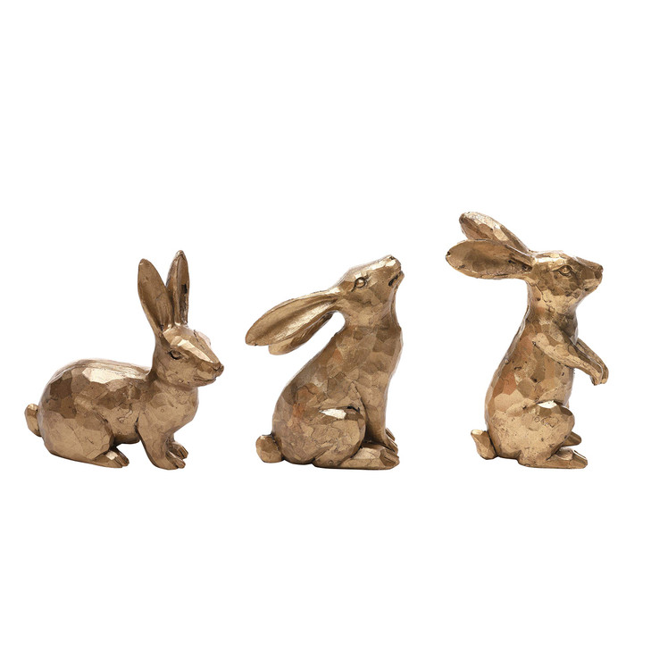 DN DECONATION Golden Polyresin Bunny Decor Rabbit Figurines Easter Bunny Statue Set of 3 for Spring