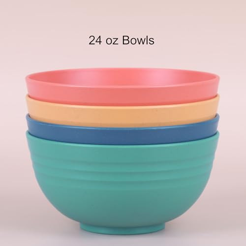LuckyZone Unbreakable Cereal Bowls - 24 oz Reusable Wheat Straw Bowl Set of 4 - Dishwasher