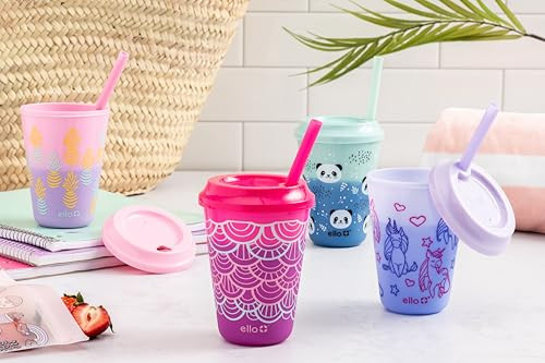Ello Kids Plastic Reusable Color Changing Cups with Twist on Splash-Proof Lids and Straw BPA Free