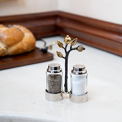 Yair Emanuel Salt and Pepper Shaker Set - Glass Shakers with Decorative Brass Pomegranate Branch