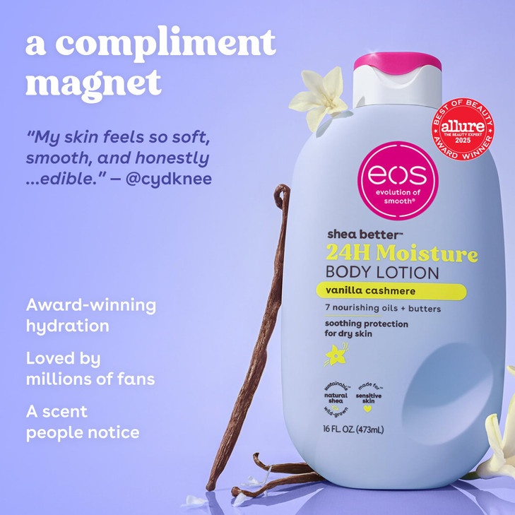 eos Shea Better Body Lotion Vanilla Cashmere, 24-Hour Moisture Skin Care, Lightweight & Non-Greasy