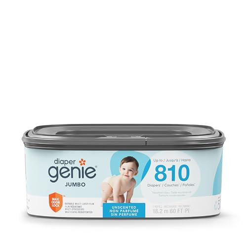 Diaper Genie Jumbo Square Refill, with continuous film, can hold up to 810 newborn-sized diapers per