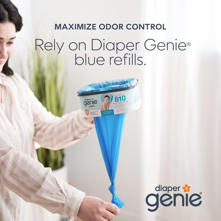 Diaper Genie Jumbo Square Refill, with continuous film, can hold up to 810 newborn-sized diapers per