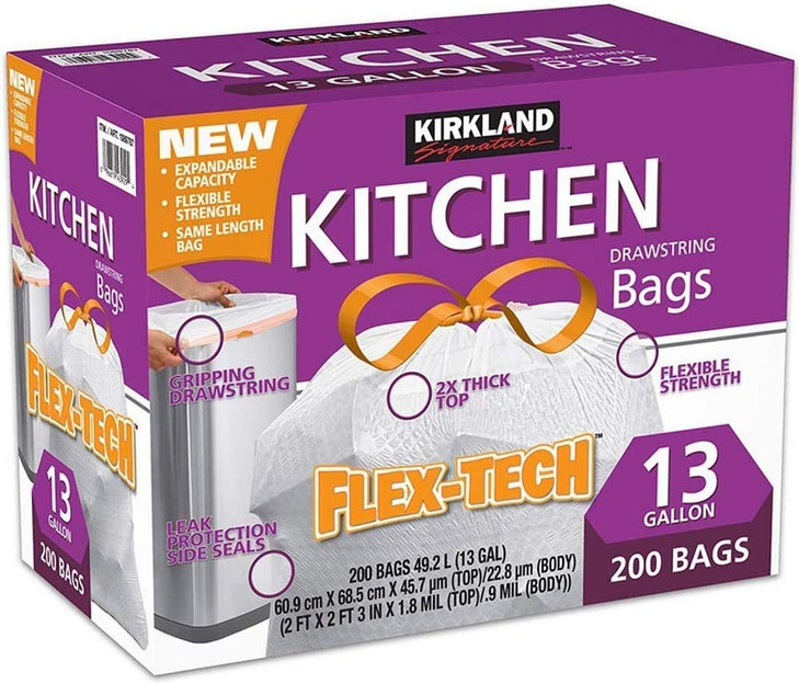 Kirkland Signature Drawstring Kitchen TRW, Trash Bags - 13 Gallon - 200 Count (2 Pack 13 Gallon 200