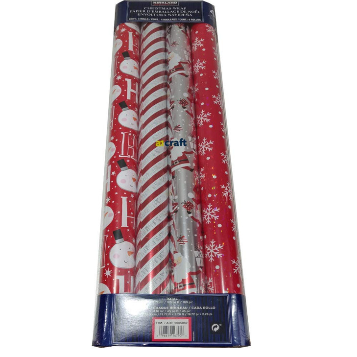 Kirkland Signature 4 Roll Christmas Gift Wrap 180 sq ft Total Red/Stripes/Silver/Red