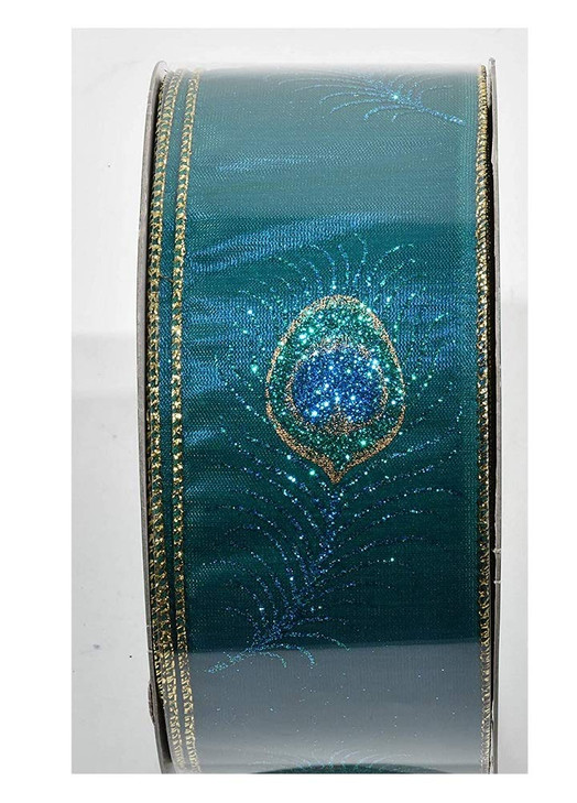 Kirkland Peacock Feather Emerald & Gold Wire Edge Decorating Bow Gift Wrapping Ribbon 2.5 Wide by 50