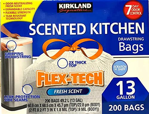 Kirkland Signature Flex-Tech 13-Gallon Scented Kitchen Trash Bags - 200 Count, White