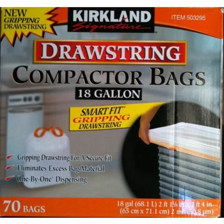Kirkland Signature Compactor Bags, 18 Gallon, Smart Fit Gripping Drawstring, White