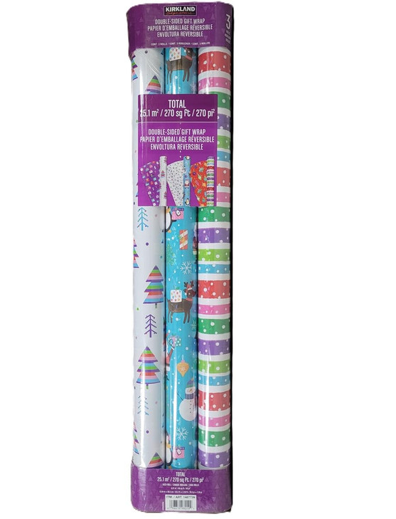 Kirkland Double-Sided Holiday Gift Wrap Paper 3-Pack Seasonal Theme 270 SQ FT White/Blue/Lines