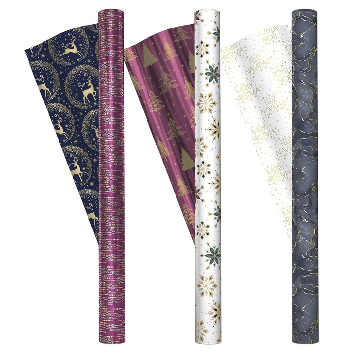 KIRKLAND 3 Roll Christmas Gift Wrap 270 sq ft Purple Pebble/White Flower/Indigo