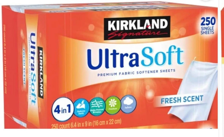 Kirkland Signature Fabric Softener Sheets, Premium Ultra Soft, Fresh Scent, 250 Sheets, White