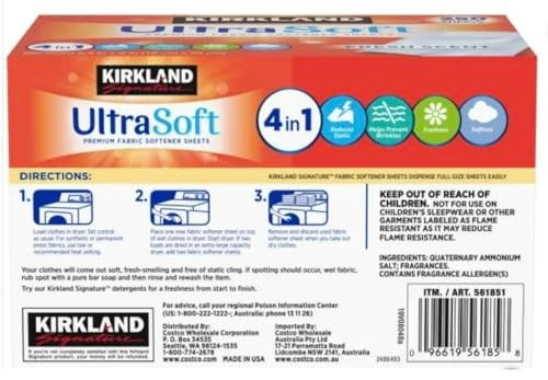 Kirkland Signature Fabric Softener Sheets, Premium Ultra Soft, Fresh Scent, 250 Sheets, White