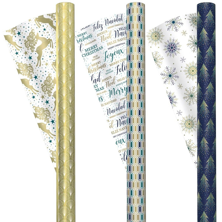Kirkland Double-Sided Gift Wrap 3 Rolls Christmas Wrap 270 sq ft Navy/White/Gold