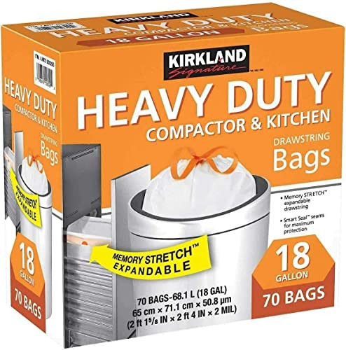 Kirkland Signature Compactor Kitchen Trash Bag with Gripping Drawstring Secure Full Size - 8 pounds