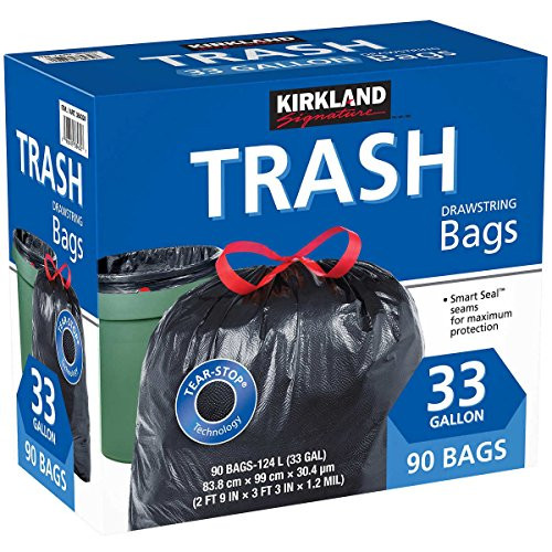 Kirkland Signature Carton is 100% recyclable 33 Gallon Black Drawstring Trash Bag 90 Count,Tear-Stop