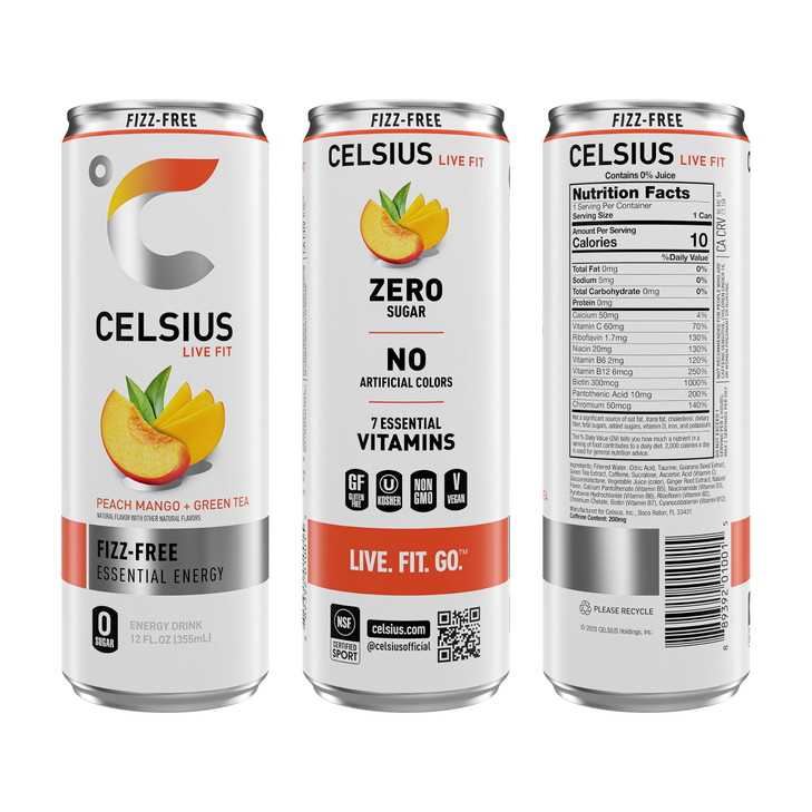 CELSIUS Fizz Free Peach Mango Green Tea, Sugar Free Energy Drink, 12 Fl Oz (Pack of 12)