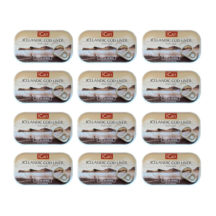 Ican Wild-Caught Iceland Cod Liver - Bulk Savings - Case of 12 - 4.06 oz Canned Cod Liver in Own Oil