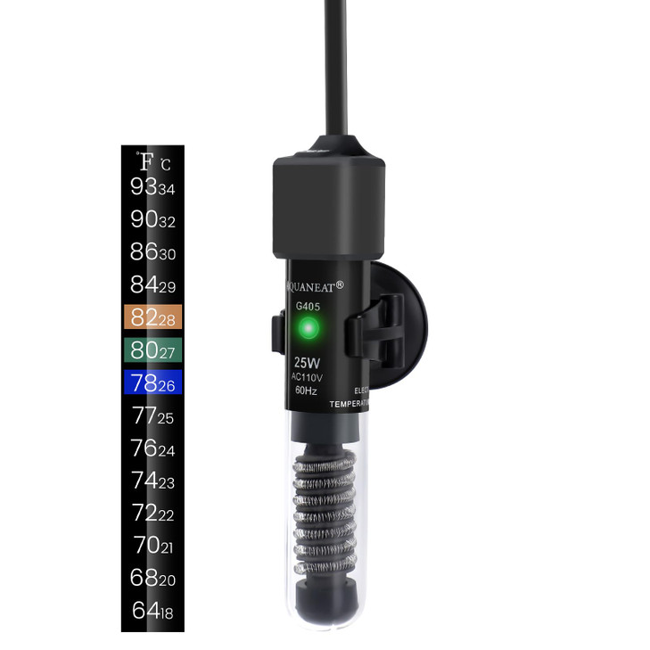 AQUANEAT Aquarium Heater 25W Small Betta Fish Tank Heater Mini Preset Water Thermostat with a Thermometer