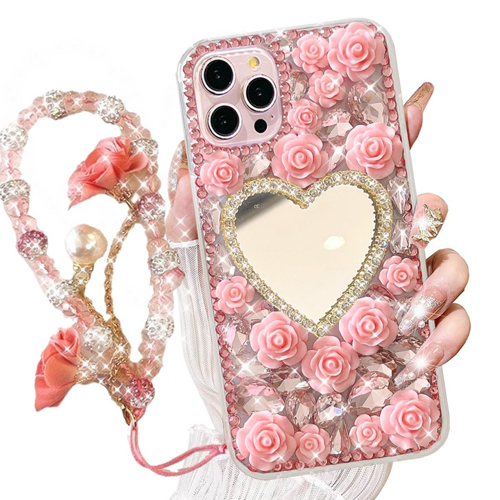 AuroiCCY for iPhone 16 Pro Max Case Bling Diamond Case with Flower Strap, Glitter Sparkle Girly Heart Makeup Mirror Rhinestone 3D Pearl Rose Wrist La