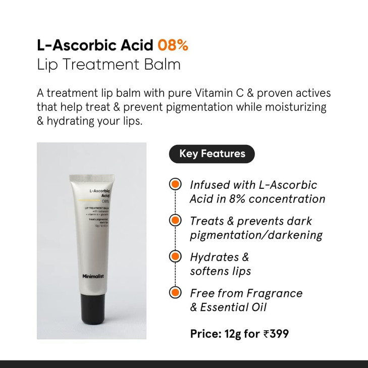 Minimalist 8 L Ascorbic Acid Lip Treatment Balm with Vitamin E Radianskin Glycerine for Pigmented Dark Lips 12 gm