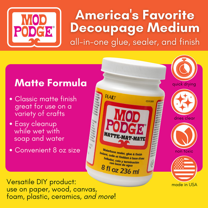 Mod Podge Matte Sealer Glue Finish All in One Craft Solution Quick Dry Easy Clean for Wood Paper Fabric More Non Toxic