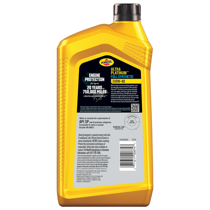 Pennzoil Ultra Platinum Full Synthetic 0W 40 Motor Oil 1 Quart 6 Pack