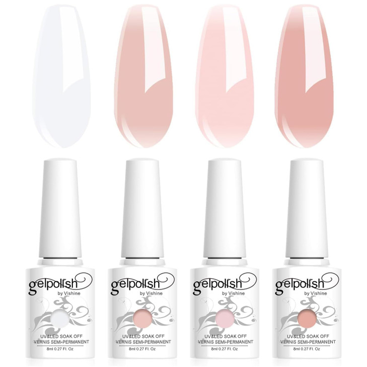 Vishine 4Pcs Jelly Nude Pink Milky White Rose Gel Nail Polish Set Sheer Clear Crystal Translucent French Manicure Gel