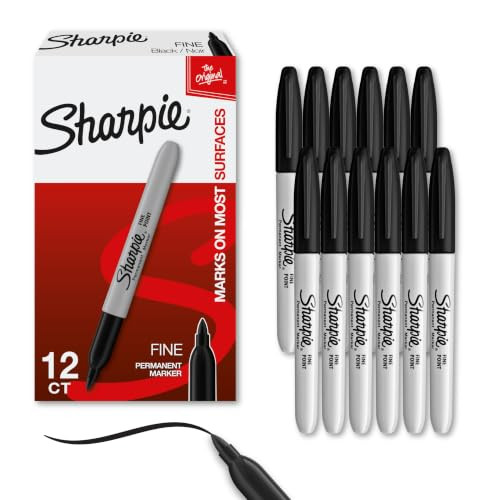 Sharpie Permanent Markers, Fine Tip, Black, 12 Count - Quick Drying, Fade Resistant, For Wood, Plastic, Paper, Metal,
